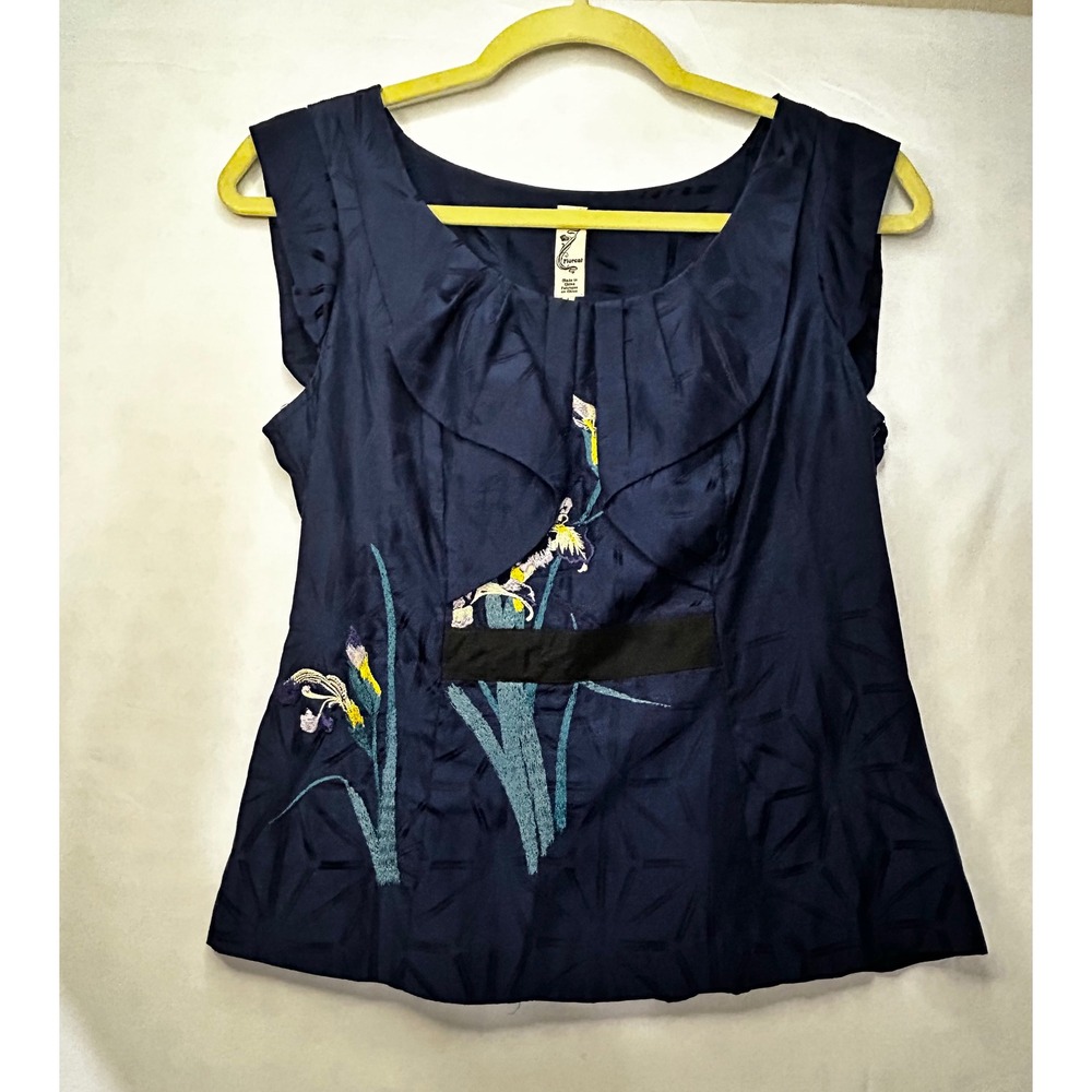 Floreat Anthropologie Navy Blue Silk Blend Iris Embroidered Sleeveless Top 4